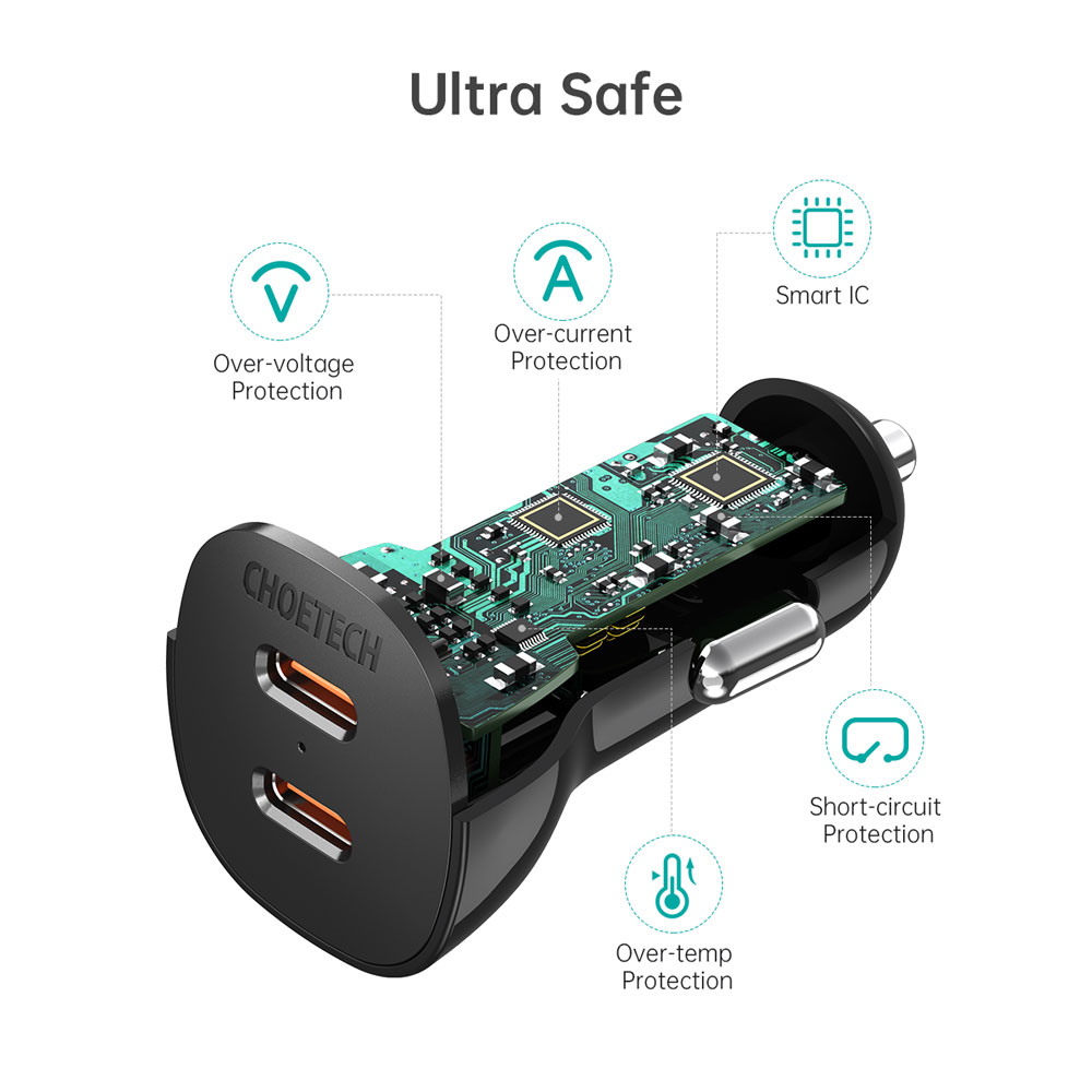 Choetech 60W Dual USB-C Fast Car Charger