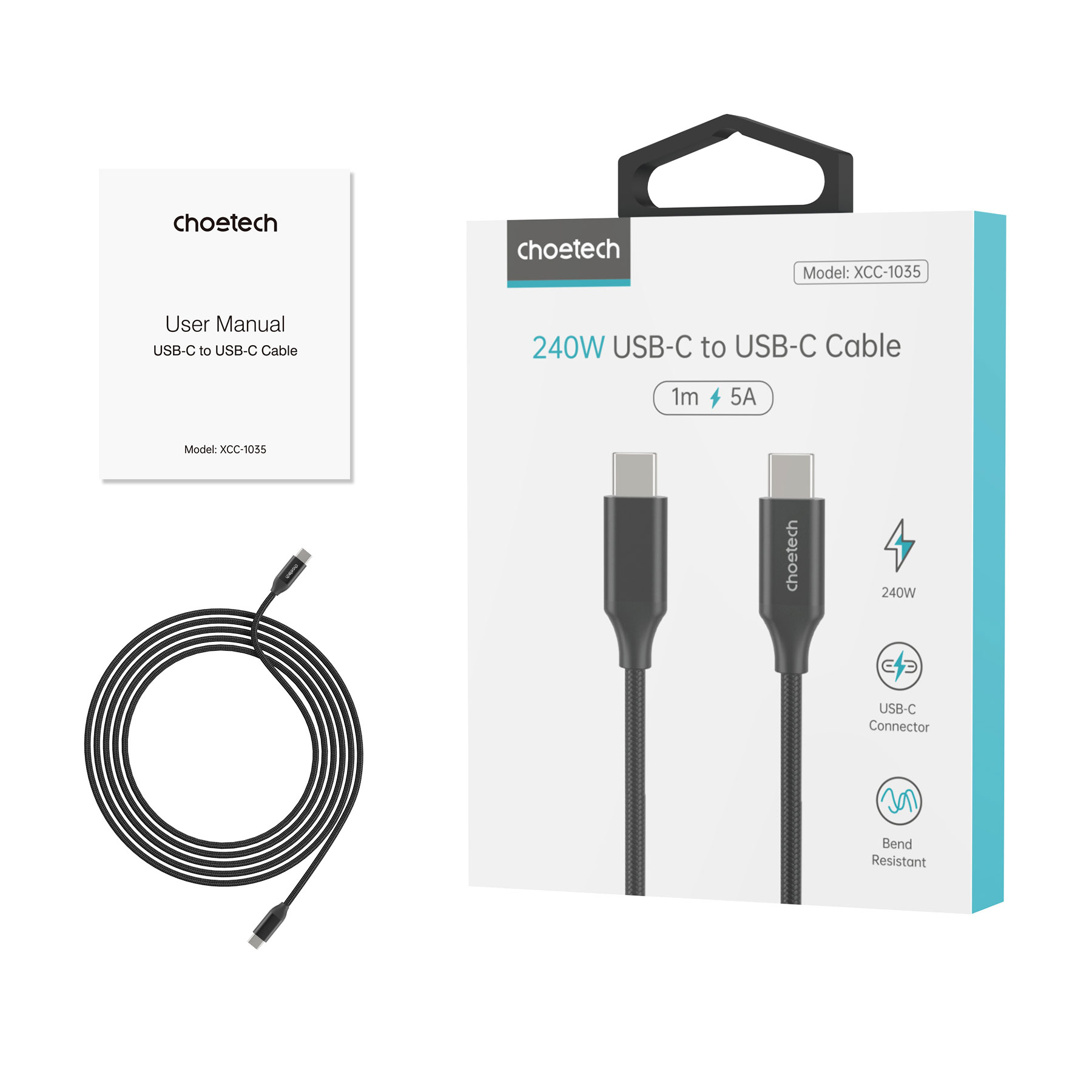 Choetech XCC-1035 PowerSync Charging Cable, USB-C to USB-C, 240W, 1.2M, Black