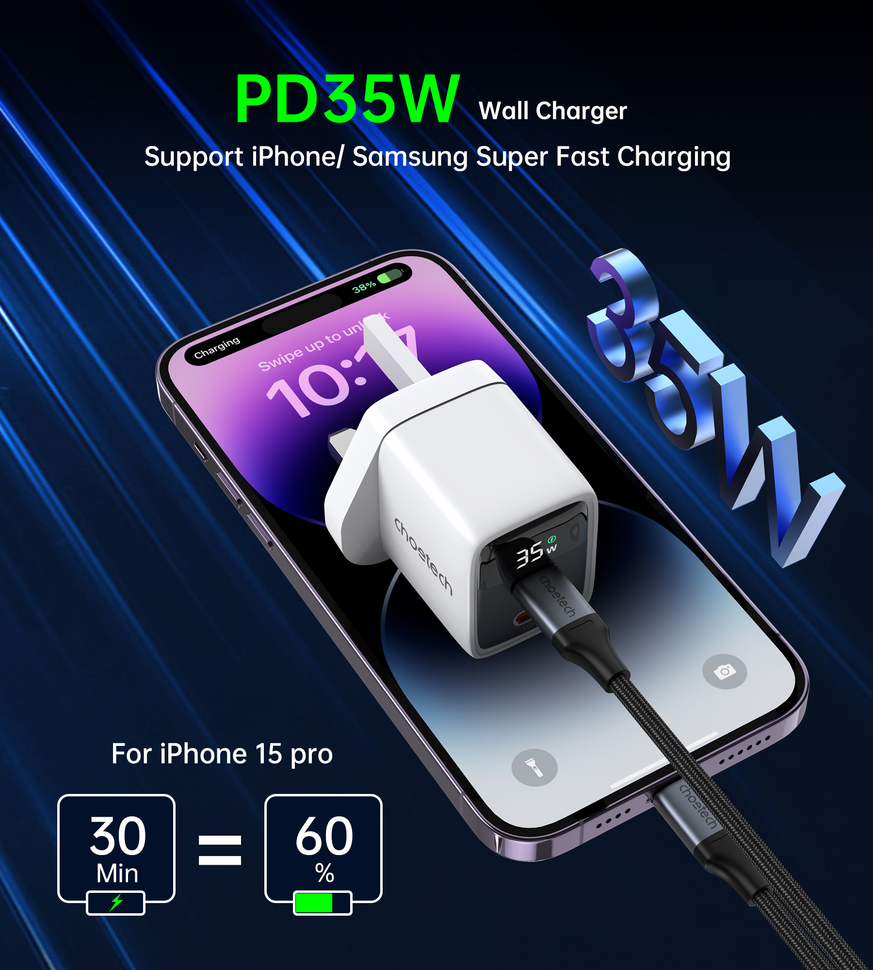 PD6051- PD35W GAN Dual type-C Display wall charger EU black