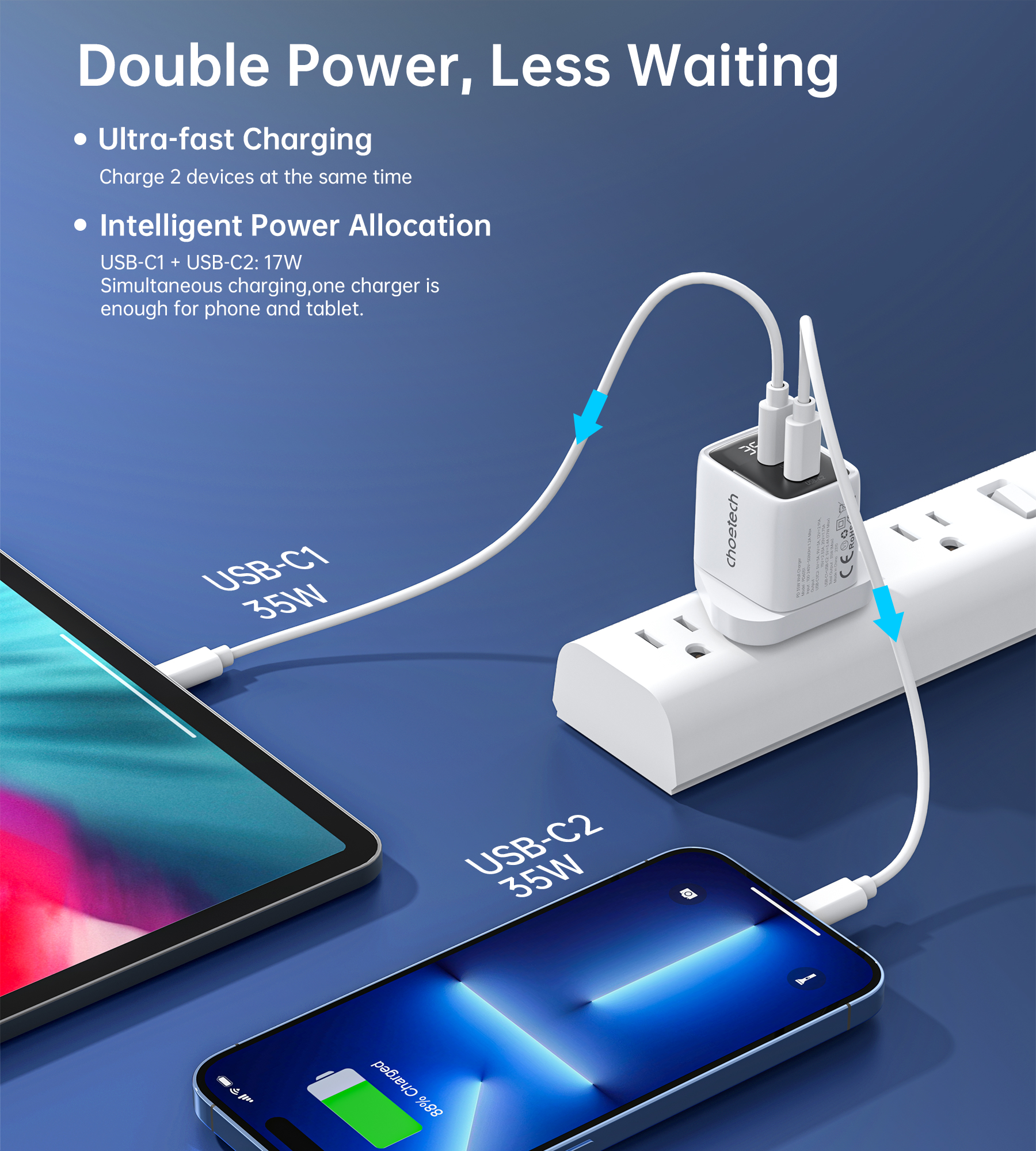 PD6051- PD35W GAN Dual type-C Display wall charger EU black