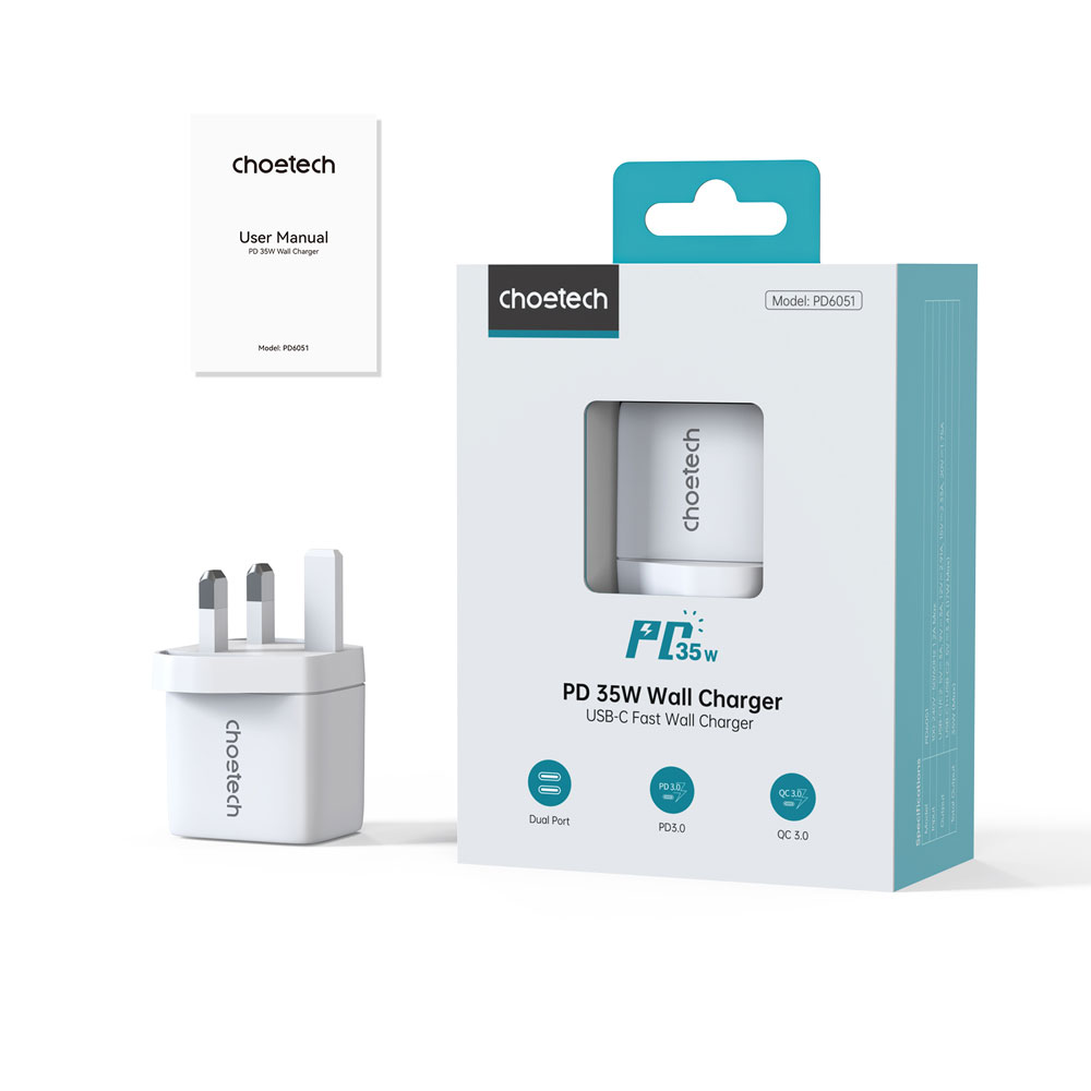 PD6052-Choetech PD35W GAN A+C Display wall charger UK white