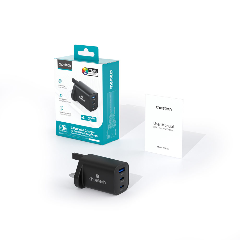 Choetech GaN PD65W 3Ports 2*USB-C+A wall Charger