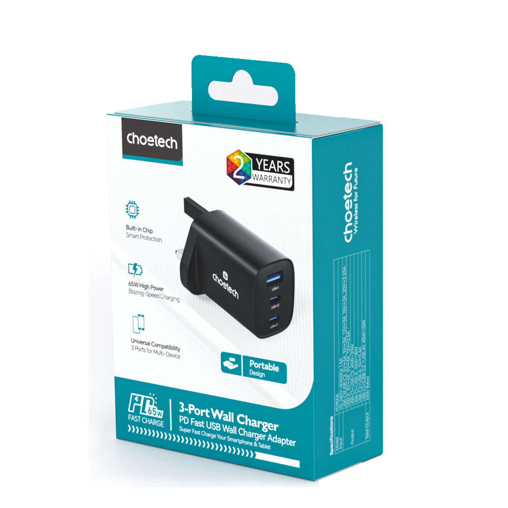 Choetech GaN PD65W 3Ports 2*USB-C+A wall Charger
