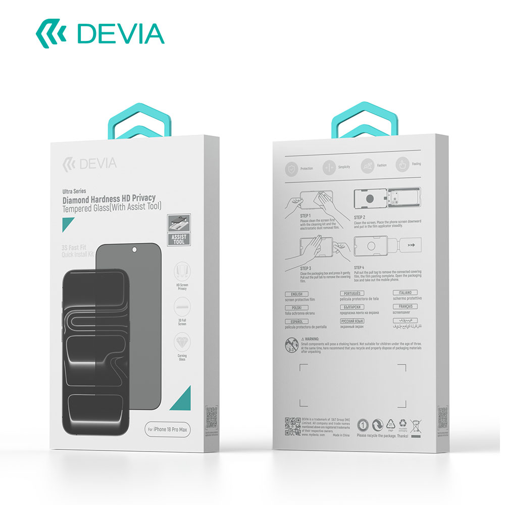 Devia Ultra Series Diamond Hardness HD Privacy Tempered Glass(With Assist Tool) for Iphone 18 Series