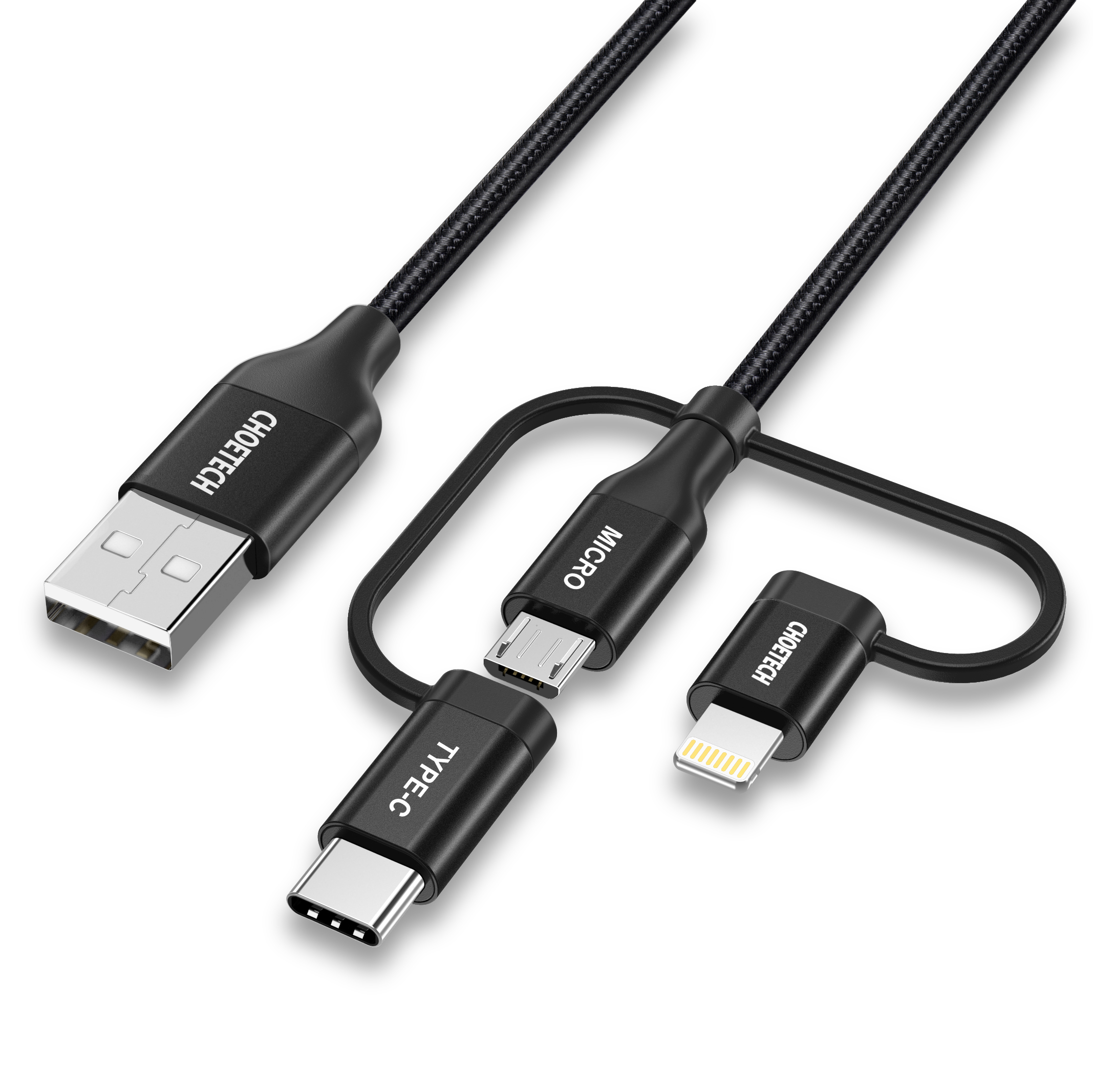 IP0030 - 1.2m MFI 3-in-1 usb-A to type-c+micro+lightening nylon cable